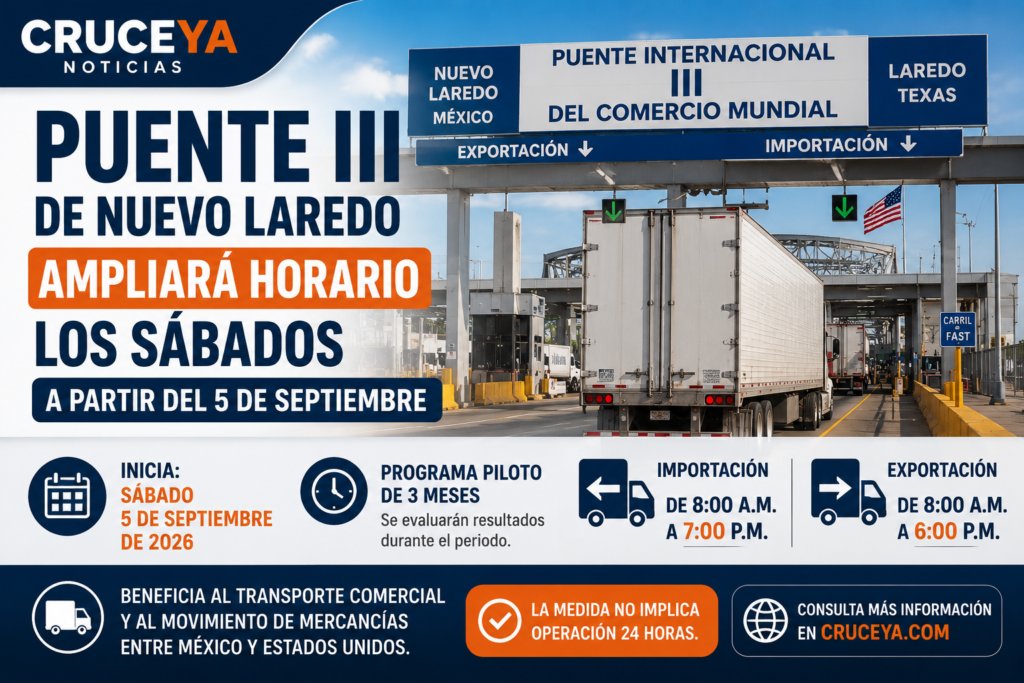 Puente III de Nuevo Laredo ampliará su horario los sábados a partir del 5 de septiembre de 2026