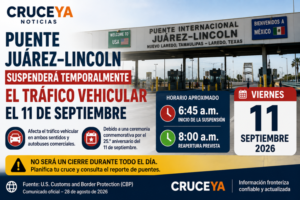 Puente Juárez–Lincoln tendrá suspensión temporal del tráfico vehicular el 11 de septiembre de 2026