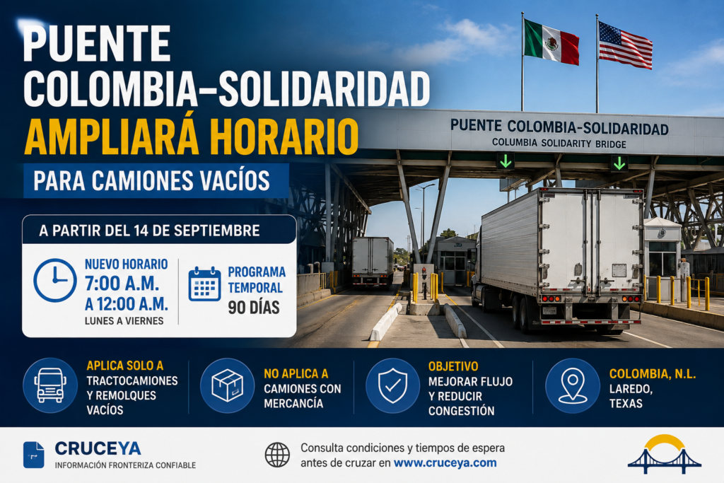 Puente Colombia–Solidaridad entre Nuevo León y Laredo ampliará horario para tractocamiones y remolques vacíos.