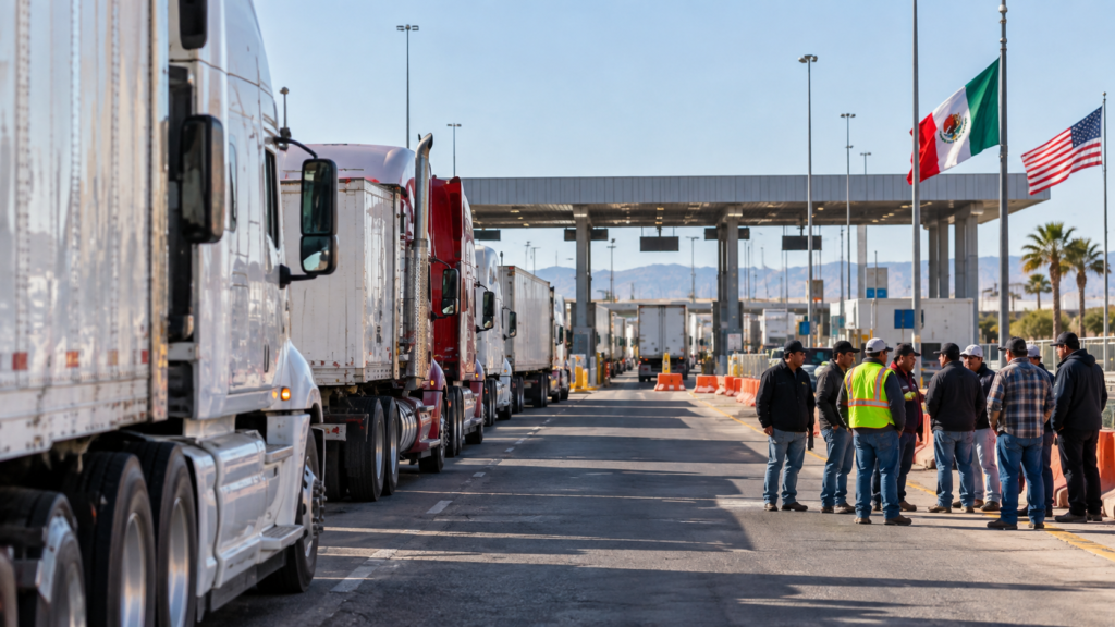 Bloqueo de transportistas en el cruce comercial Mexicali Calexico Este