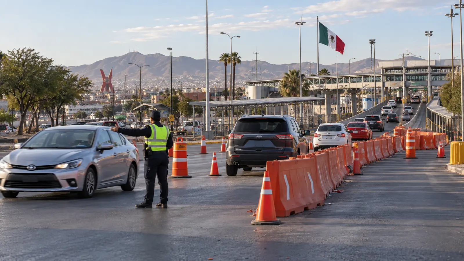 Desvío vehicular en el acceso al Puente Libre de Ciudad Juárez
