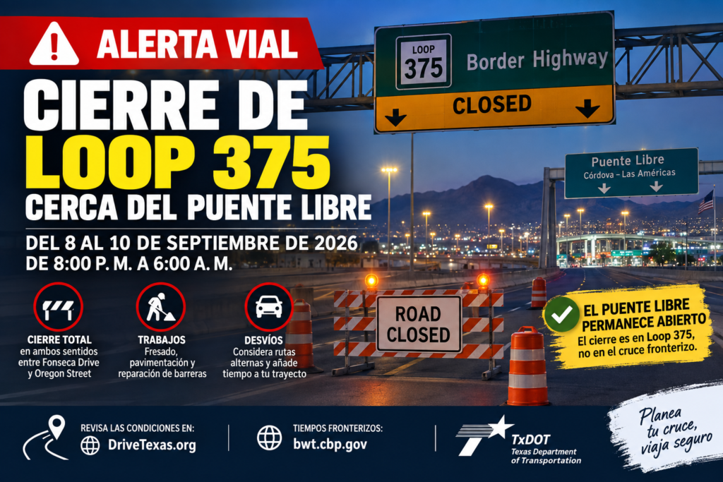Cierre nocturno de Loop 375 cerca del Puente Libre en El Paso del 8 al 10 de septiembre de 2026