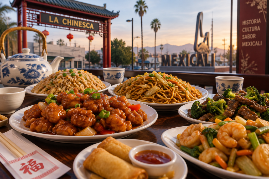 Comida china tradicional de Mexicali con arroz, carnes y diferentes platillos para compartir