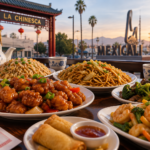 Comida china tradicional de Mexicali con arroz, carnes y diferentes platillos para compartir