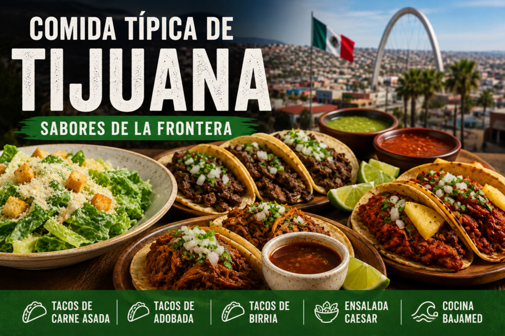 Comida típica de Tijuana con tacos de carne asada, adobada, birria y Ensalada Caesar