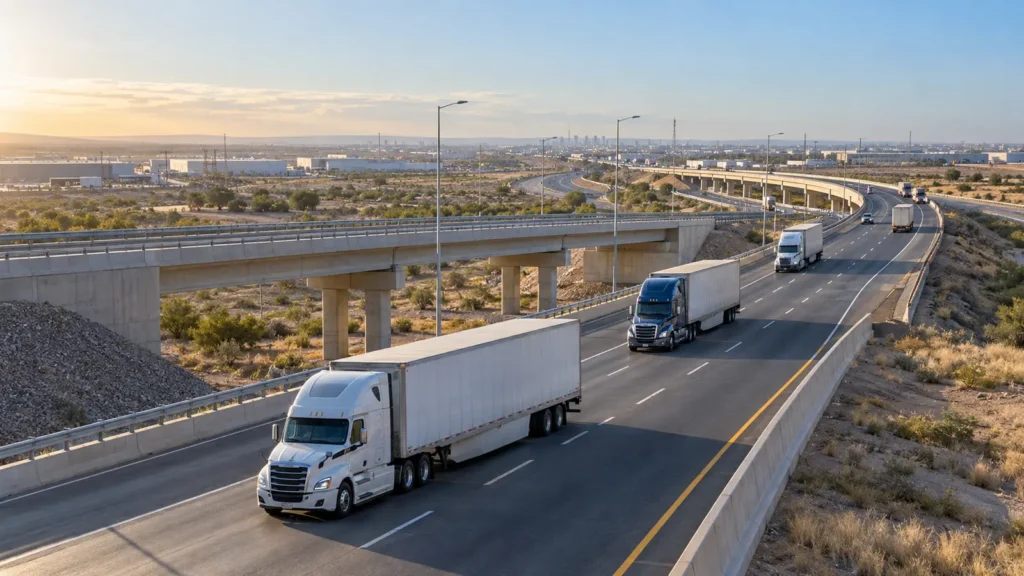 Tractocamiones circulan por el nuevo tramo del Libramiento MEX II en Nuevo Laredo