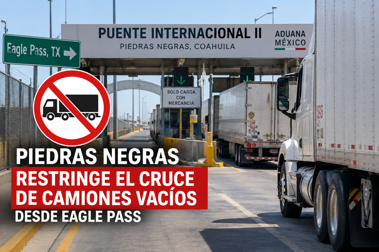 Camiones de carga en el Puente Internacional II entre Piedras Negras y Eagle Pass ante restricción temporal para unidades vacías.