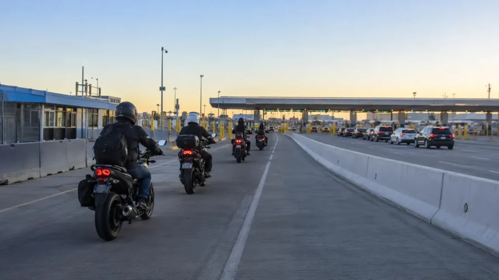 Motociclistas avanzan hacia el acceso fronterizo de San Ysidro entre Tijuana y San Diego